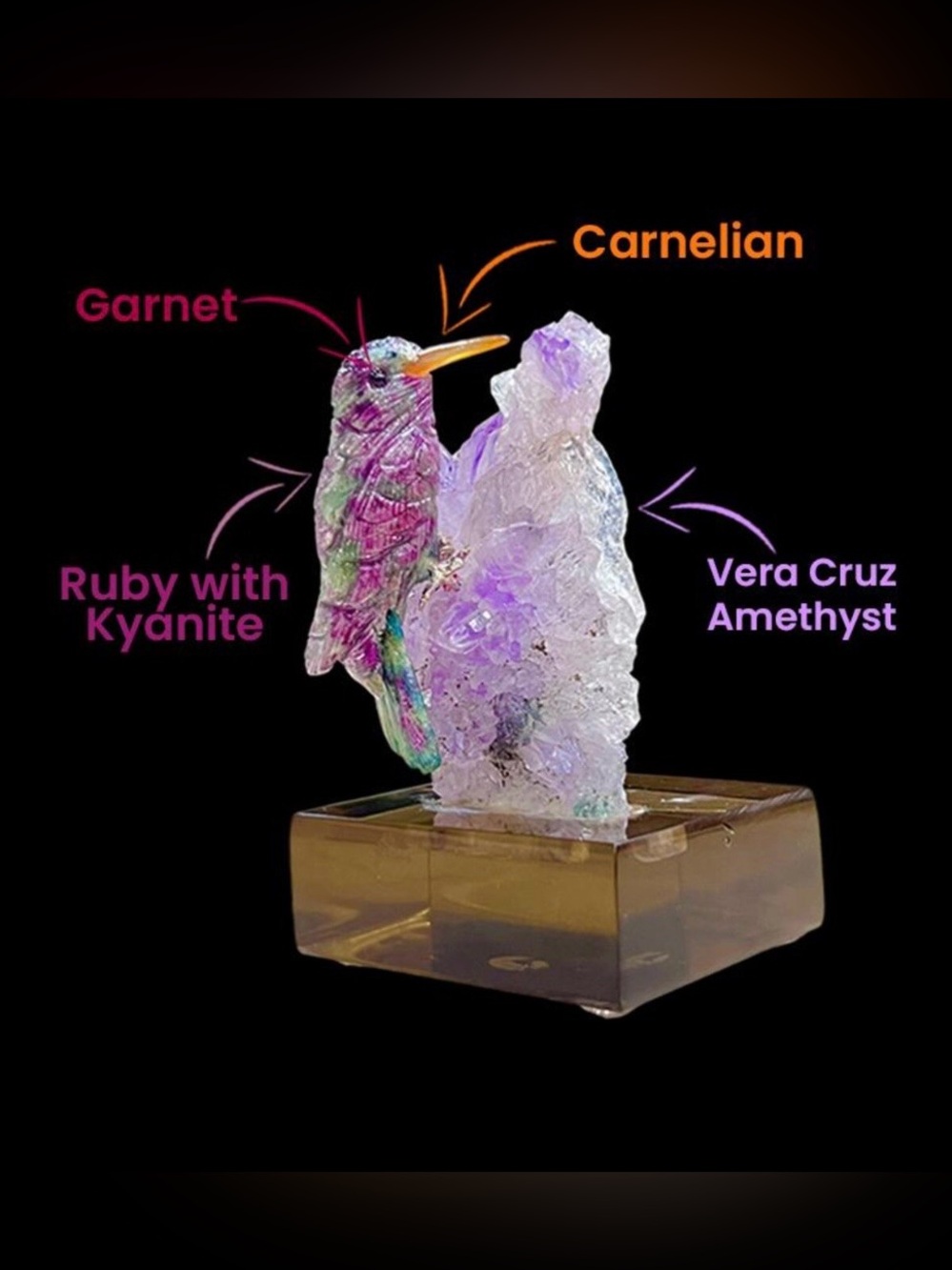 Ruby with Kyanite Hummingbird on Vera Cruz Amethyst Crystal | Crystal Carving